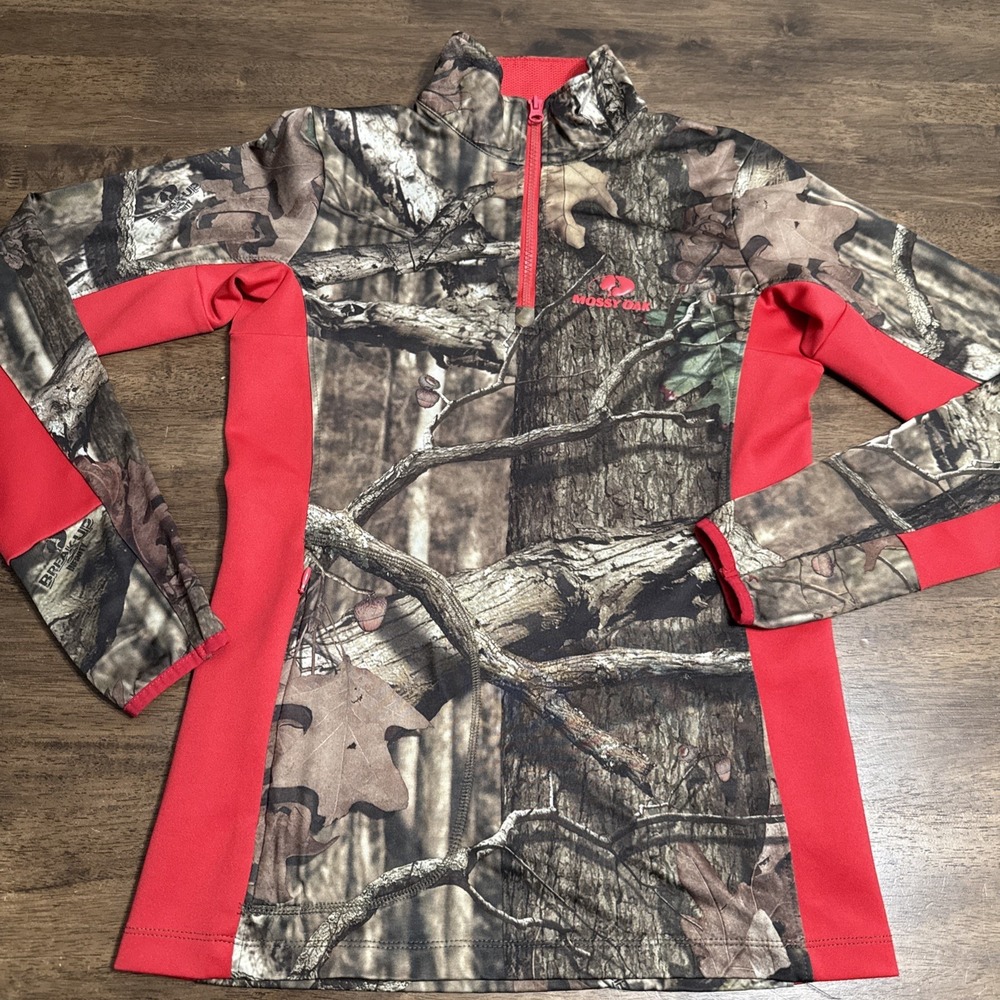 Mossy Oak Women's 1/4‎ Zip Shirt Red Camo Long Sleeve Hunting Thumb Hole Small